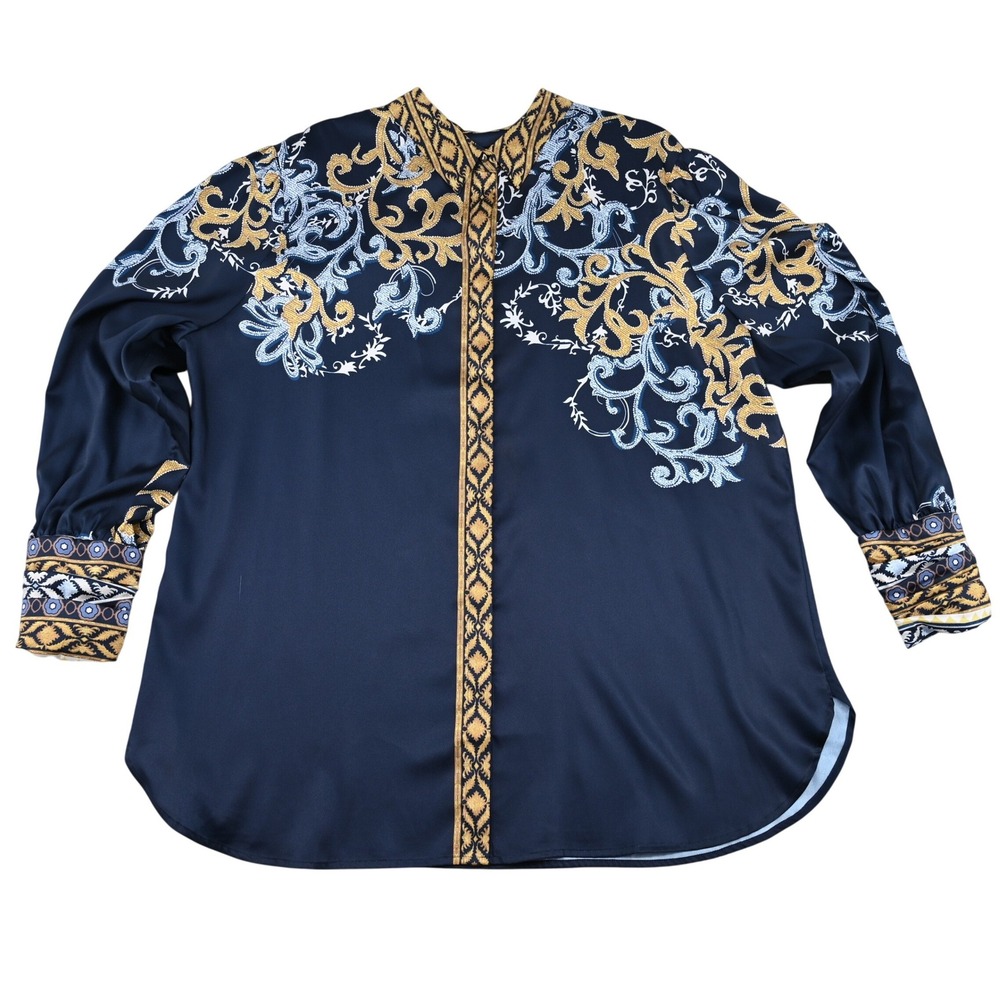 Chicos Navy Blue Gold Baroque Scroll Print Button Down Blouse Shirt Size 3.5 18